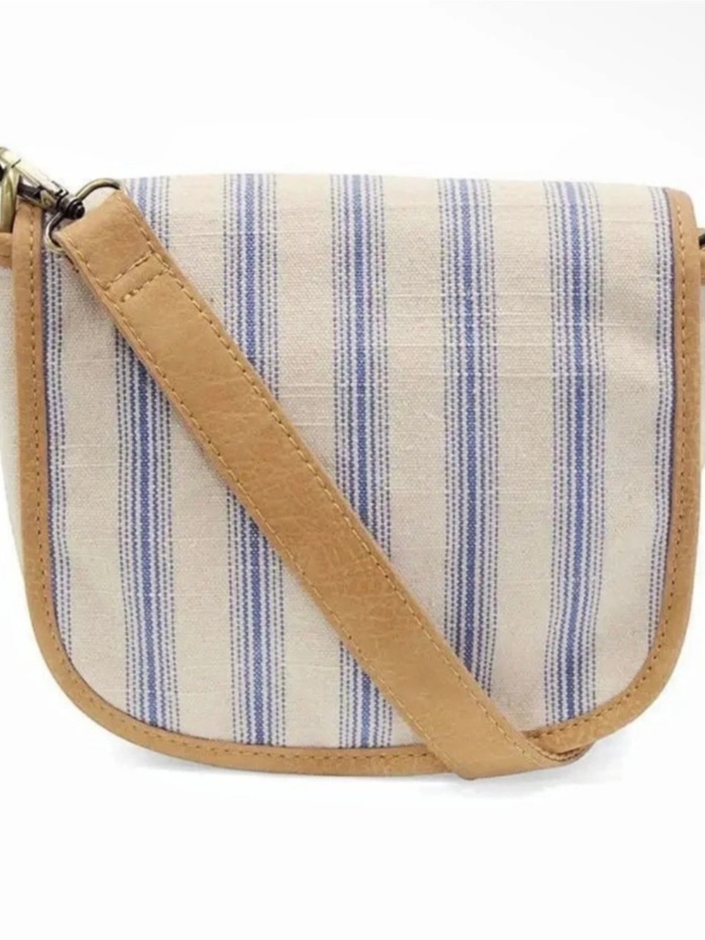 Joy Susan Blue Stripe Canvas Crossbody Bag Tan Trim NWT